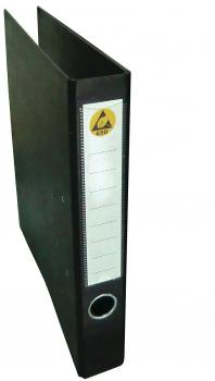 The image shows a black folder with a white labeling field on the front. On one side, it has a hole for easy handling. The folder is positioned upright.