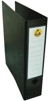 The image shows a black folder with a white labeling area on the front. On the left side, there is a hole for gripping. The folder has a simple, practical shape.