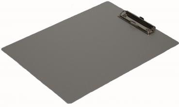 The image shows a gray writing pad with a metal clip at the top edge. The pad is rectangular and has rounded corners. The clip is used to hold paper.