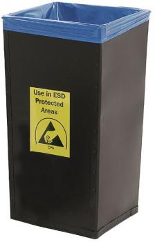 The waste bin is tall and rectangular, with a black surface. It has a blue rim at the top and a yellow warning sign indicating its use in ESD-protected areas.