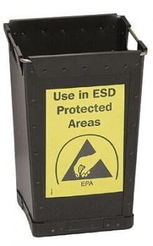 The image shows a black trash can with a yellow warning. It reads “Use in ESD Protected Areas” and features a symbol indicating safe handling.