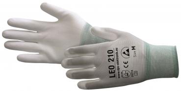 The image shows a pair of white work gloves with a green knit cuff. On the palm, details such as "LEO 210" and safety symbols are visible.