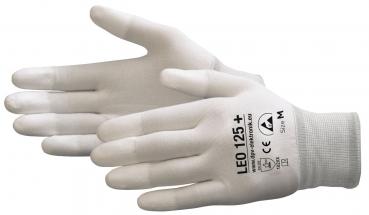 Das Bild zeigt ein Paar weiße, enganliegende Handschuhe. Sie haben einen elastischen Bund am Handgelenk und sind für den Schutz von Händen gedacht. Auf der Innenseite steht das Modell LE0 125+.