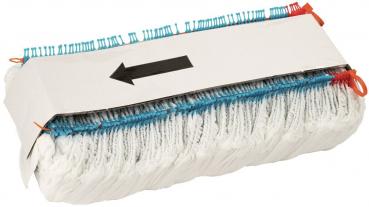 The image shows a mop with a white, fringe-like bottom and a blue top part. On the top, there is an arrow pointing to the left and orange holders.