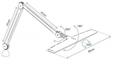 Das Bild zeigt eine Zeichnung einer verstellbaren Lampe mit zwei Gelenkarmen. Die Arme sind 47 cm lang und können unterschiedliche Winkel einnehmen. Die Basis hat eine rechteckige Fläche.