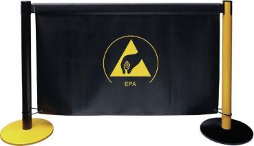 The image displays a black barrier with yellow horizontal stripes. In the center, there is a yellow symbol shaped like a triangle featuring a fire icon and the inscription 