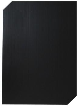 The image displays a black surface with fine vertical lines. One corner is flattened, giving the picture an irregular shape. The texture appears slightly textured.