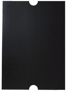 The image displays a black sheet with a matte surface. It features two round cutouts at the top edge, resembling an opening. The structure is uniform and monochromatic.
