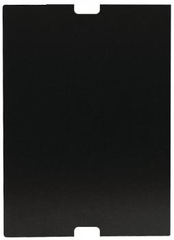 The image shows a rectangular, black object with no discernible patterns or details. It has a notch on the top and appears flat and uniform in color.