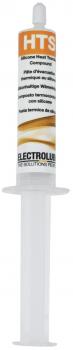 The image shows a syringe with a white plastic cap. The syringe contains a pasty substance, which is labeled with an orange and black-and-white sticker marked "HTS".