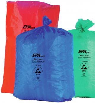 A blue trash bag that appears slightly transparent. It has a smooth surface and is tied at the top. Information about size and material is printed on the front.