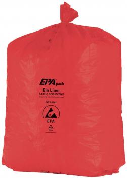 The image shows a large red garbage bag that is tied at the top. On the front, there is a black imprint with information about the bag, including the recycling symbol.