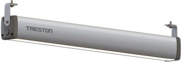 The image displays a modern, sleek silver LED light that is mounted horizontally. Brackets for mounting are located on both sides. The logo 