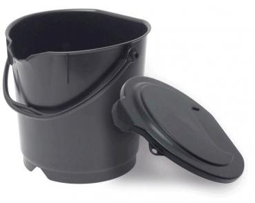 The bucket is made of black plastic, has a square base shape, and a straight wall. It has a handle on the side and a slightly beveled opening at the top edge.