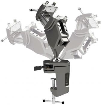 The image shows an articulated mount with multiple joints. It has a sturdy handle at the bottom, used for clamping onto surfaces. Flexible in use.
