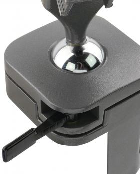 The image shows a black bracket with a ball socket on top and a rotary lever on the side. The surface is smooth and the edges are rounded.