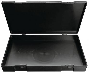The image shows a black, rectangular box with a lid that is open. The interior surface is smooth and also black. The box has a striking, distinctive shape.