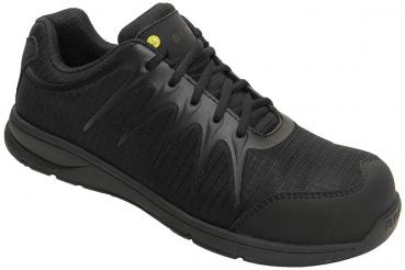 The shoe is a black, athletic sneaker with laces. It has a non-slip sole and provides lateral support. The surface is made of lightweight, breathable material.