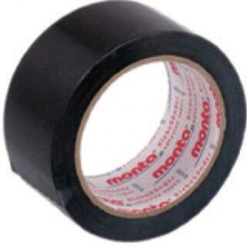 The image shows a roll of black tape. It has a round core on which the adhesive surface is rolled up. The outside is smooth and even.
