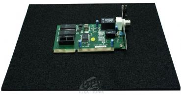 The image shows a green electronic circuit board on a dark background. The board has various components, including chips and a connector. There is a logo at the top right.