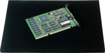 The image shows a green circuit board representing an electronic circuit. It has many small components, connectors, and a long edge connector to be inserted into a computer.