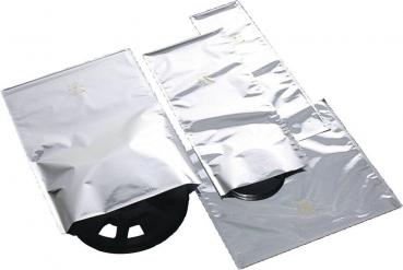 The image shows several silver foil envelopes. Inside one of the envelopes is a black vinyl record. The envelopes vary in size and are partially stacked on top of each other.