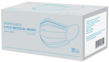 The image shows a package of medical masks. The box is light gray and contains 50 disposable masks. On the front, there is a mask and the inscription "DISPOSABLE 3-PLY MEDICAL MASK."