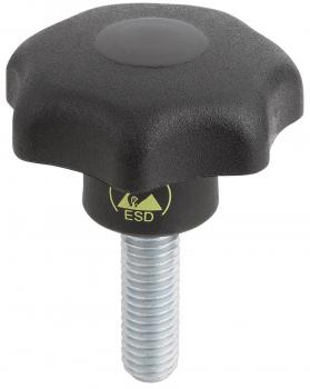The image shows a black handwheel handle with a star-shaped form. The underside has a small screw used for mounting purposes, and a yellow symbol labeled "ESD".