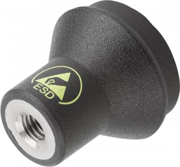 The image shows a black, conical object with a curved top end and a thread on the bottom. It features a yellow ESD symbol.