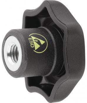 The image displays a black, rounded ESD rotary knob with a silver threaded area in the center. The knob features an ergonomic shape and a yellow marking.