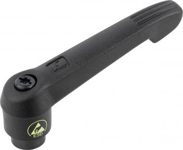 This is a black handle with a long, slightly curved shape. The handle has an opening at one end for a screw insert and is marked with a yellow ESD symbol.