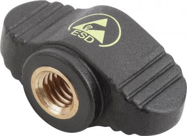 The image shows a black, rectangular plastic handle with a golden thread in the middle. On the top surface, there is a yellow ESD symbol depicted. The handle has lateral grooves for better grip.