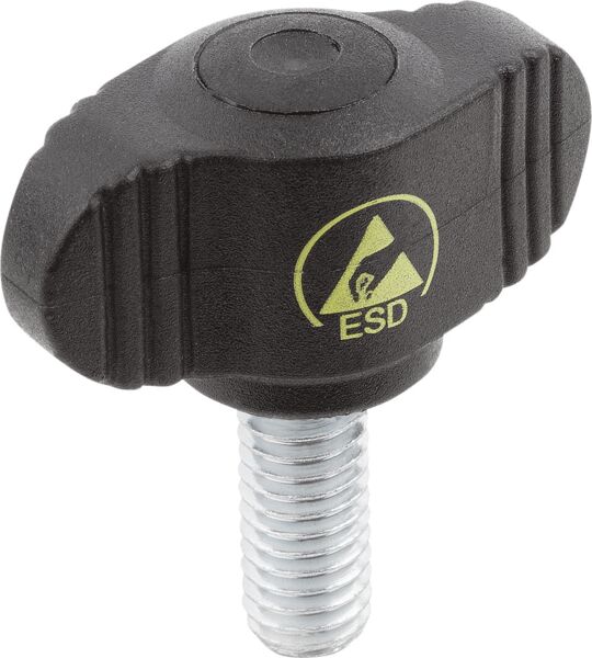 The image shows a black plastic button with a round top and ridged sides. Below there is a metal thread. A yellow symbol with "ESD" is visible.