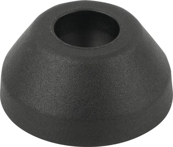 The image shows a conical, black object made of plastic. It has a smooth surface and a tall, rounded end that tapers down to an opening.