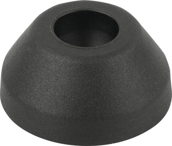The image shows a conical, black rubber mount. It has a round, hollow interior and a rough surface. The shape is stable and flattened at the bottom.