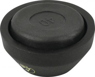 The image shows a heavy, round weight plate made of black cast iron. The top is flat and features a prominent number "40", indicating the weight.
