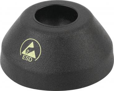 It is a conical, black object with an opening in the middle. There is a yellow symbol on the surface with the inscription "ESD". The surface feels rough.