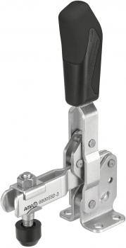 The image displays a sturdy, metallic toggle clamp with a black handle. It is used to securely fasten workpieces. The mechanism is precise and robust.