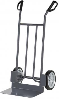 The image shows a handcart with two large, round wheels. It has a sturdy metal frame with two handles on top and a flat loading area at the bottom.