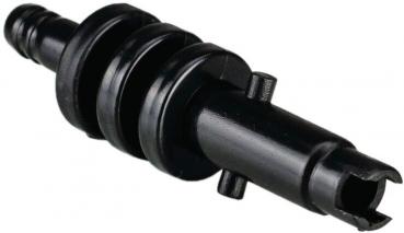 The image shows a black, cylindrical component with several spiral grooves. At one end, there is an opening, and on the side, a small protrusion. It could be a connecting element.