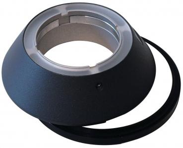 The image shows a black, hemispherical object adapter. It has a smooth surface and an opening in the middle. A circular ring is next to it.