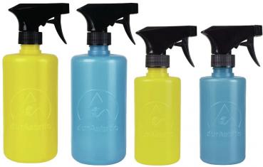 The image shows a yellow spray bottle with a black spray head. The bottle is slim, round, and has a logo on the front. It appears sturdy and handy.