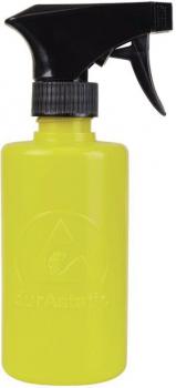 The image shows a yellow spray bottle with a black spray head. The bottle is slim, round, and has a logo on the front. It appears sturdy and handy.