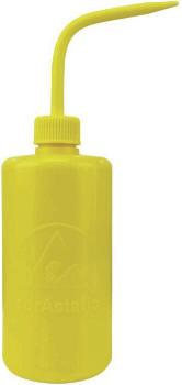 The image shows a yellow plastic bottle with a long, narrow spout. The bottle has a screw cap and is roundish in shape, suitable for dispensing liquids.