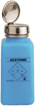 Das Bild zeigt eine quadratische, blaue Flasche mit einem silbernen Schraubdeckel. Auf der Vorderseite steht in schwarz "ACETONE" und ein Warnsymbol in Form eines Diamanten.