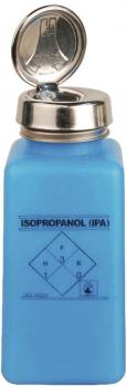 Das Bild zeigt eine rechteckige, hellblaue Flasche mit einem silbernen, drehbaren Deckel. Auf der Flasche ist die Aufschrift "ISOPROPANOL (IPA)" und das Gefahrensymbol abgebildet.
