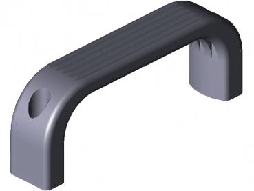 The image shows a gray, curved handle with a non-slip surface. It has vertical hangers at both ends and a lateral recess.