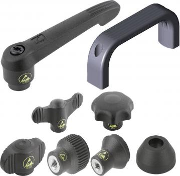 The image shows a gray, curved handle with a non-slip surface. It has vertical hangers at both ends and a lateral recess.