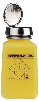 The image shows a yellow bottle with a silver screw cap. On the front it reads "ISOPROPANOL (IPA)" along with hazard symbols indicating its chemical properties.