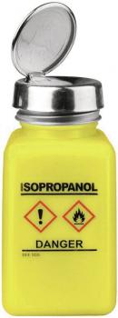 Das Bild zeigt ein gelbes Glasgefäß mit einem Metallverschluss. Darauf steht "ISOPROPANOL" mit Warnsymbolen für Gefahr und Feuer in Schwarz.
